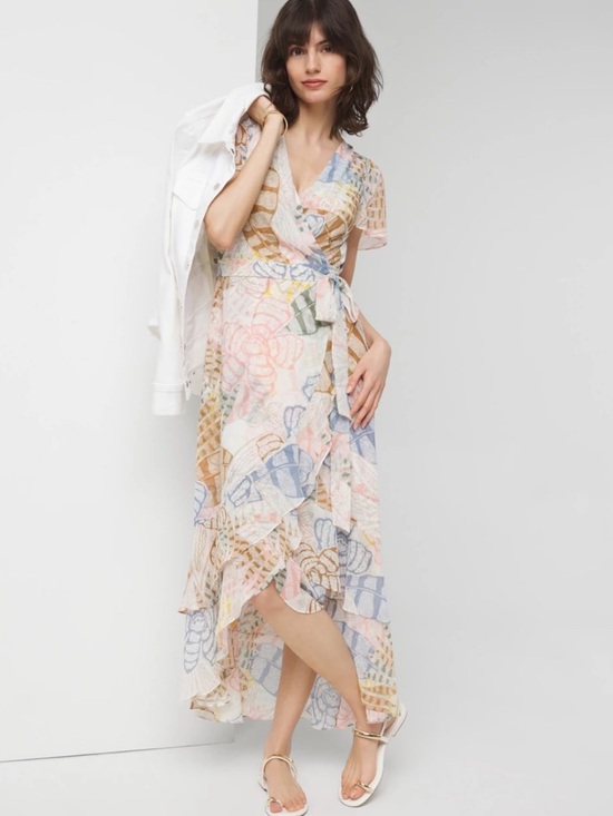 White House Black Market Dresses & Skirts - WHBM Ruffle Sleeve Seashell Chiffon Wrap Dress